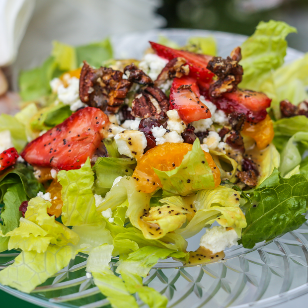 Spinach Strawberry/Blueberry Sugared Pecan Goat Cheese Salad with Poppyseed Dressing